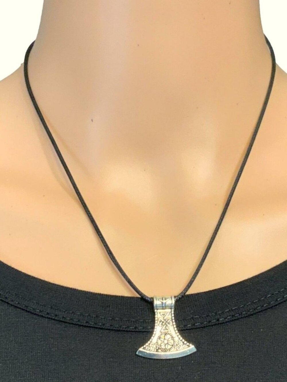 Viking Axe Pendant Necklace Silver Finish Black Cord Adjustable Chain 18 Inch